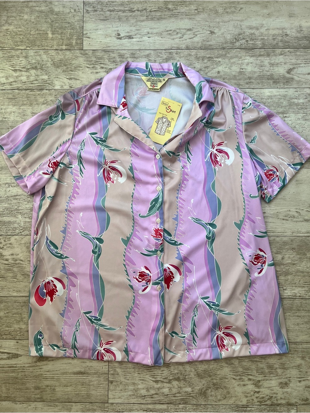 Sears Women’s Short-Sleeve Floral Button-Down Shirt - Pink, Lavender Perma Prest